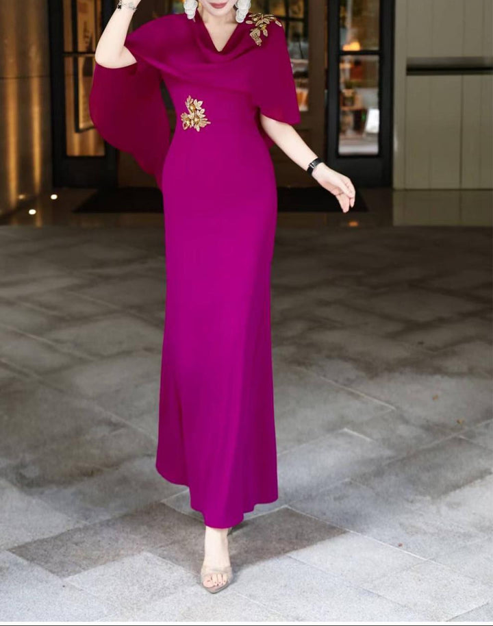 cape-draped mermaid dress with jeweled appliqué – VIOLA