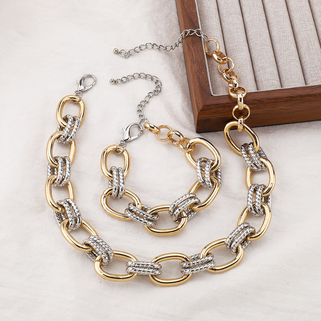 chunky chain necklace and bracelet set with mixed metal links - AUNRAL