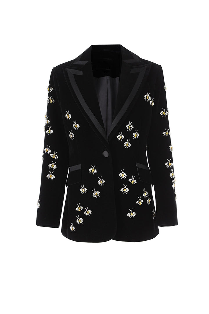 embroidered velvet blazer with floral crystal accents – BLOOM