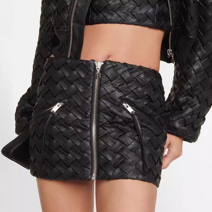 quilted leather bomber jacket and mini skirt set – RAVENIZ