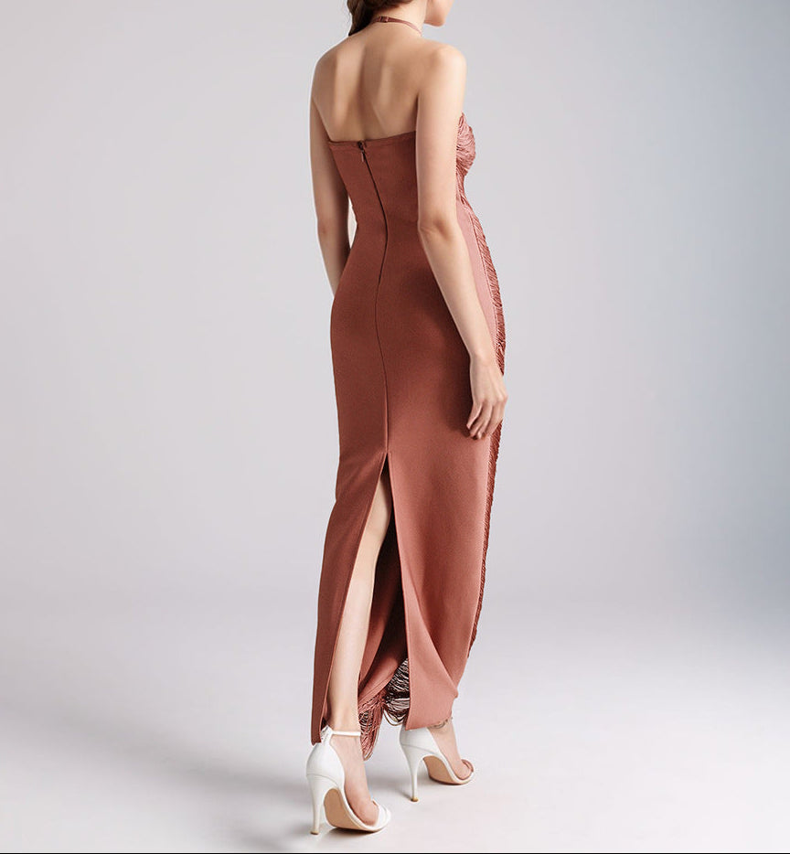 halter metallic pleated gown – RUBINA