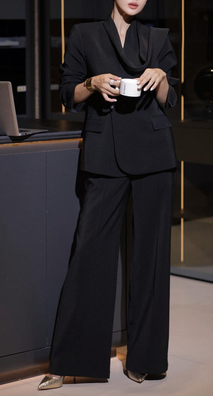 tailored wide-leg pantsuit with draped lapel blazer – ASTER
