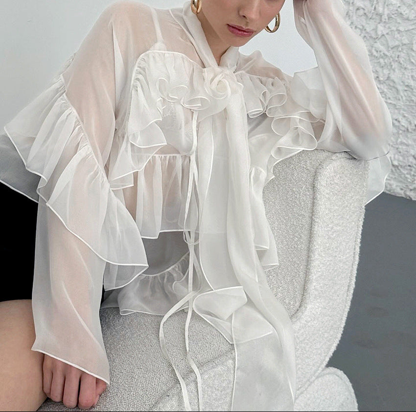 sheer ruffle-sleeve blouse with cascading ties – ELYSIA
