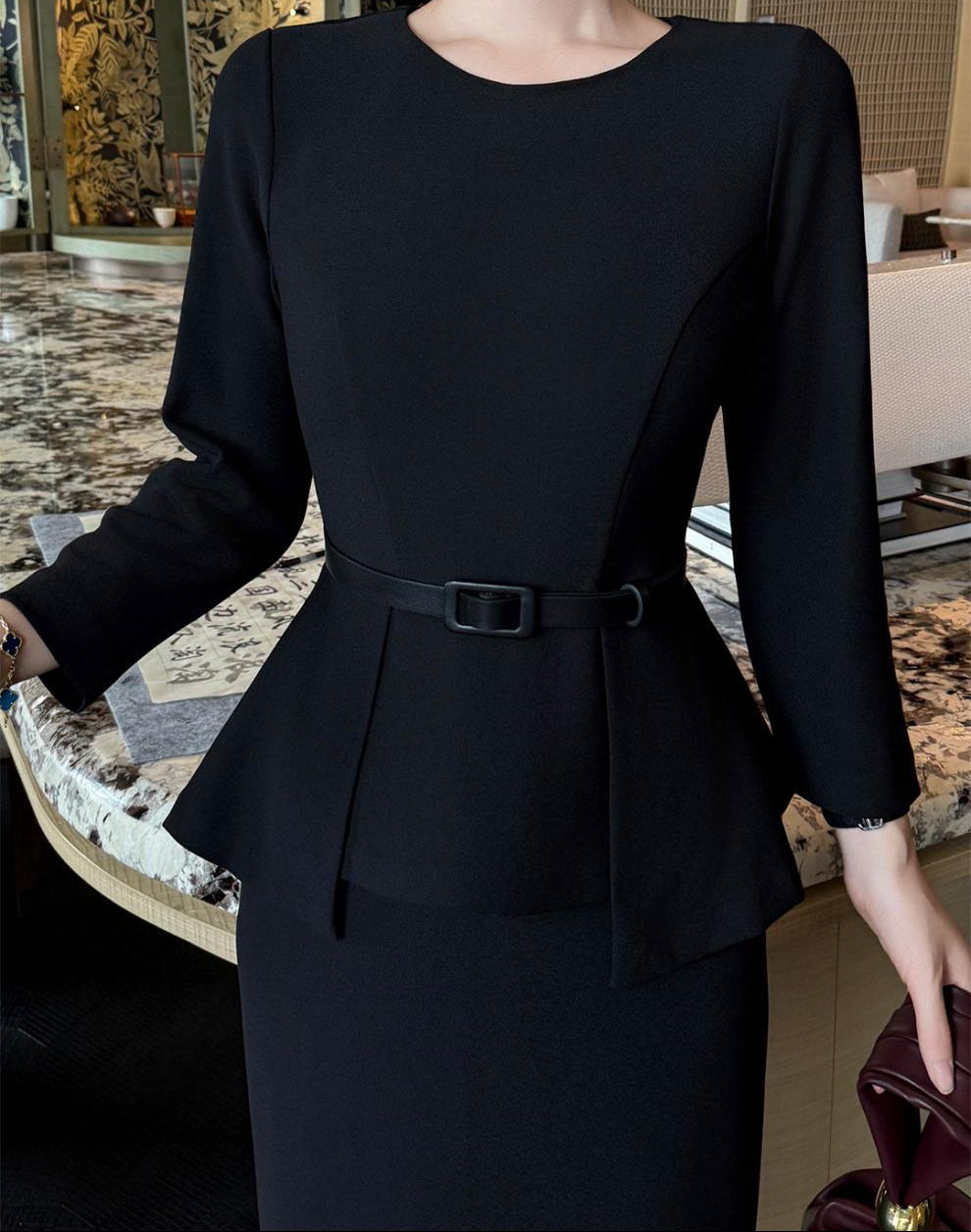 peplum midi dress with belted waist – MAROON