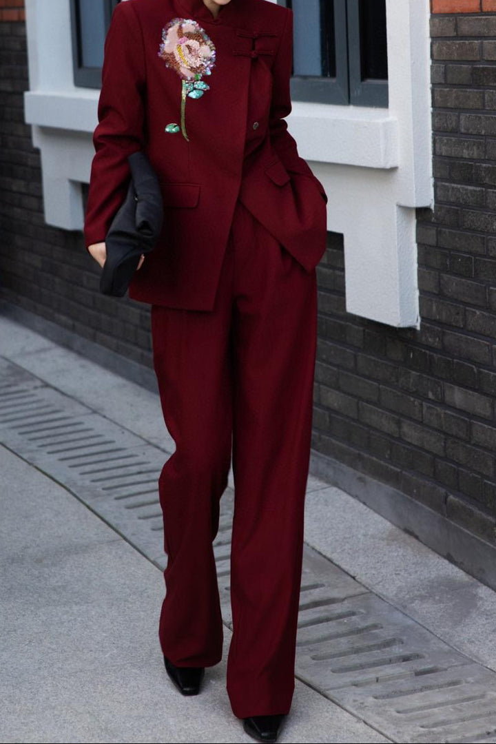 black tailored blazer with sequin floral embroidery – ARLETTE