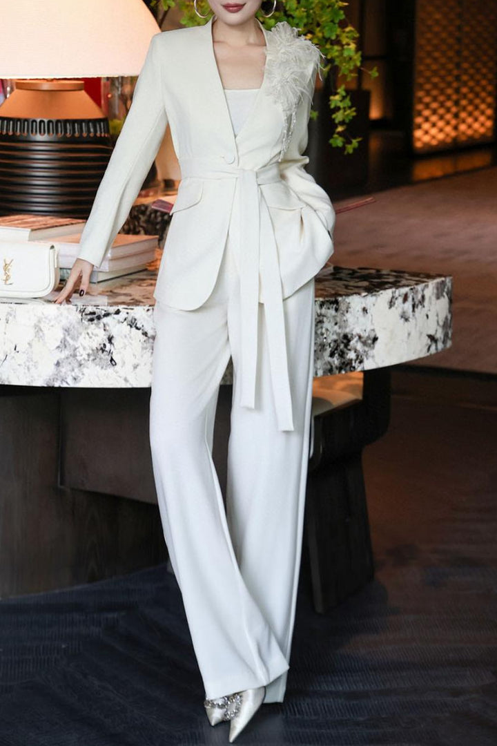 tailored wide-leg suit with floral shoulder accent – LIMEA