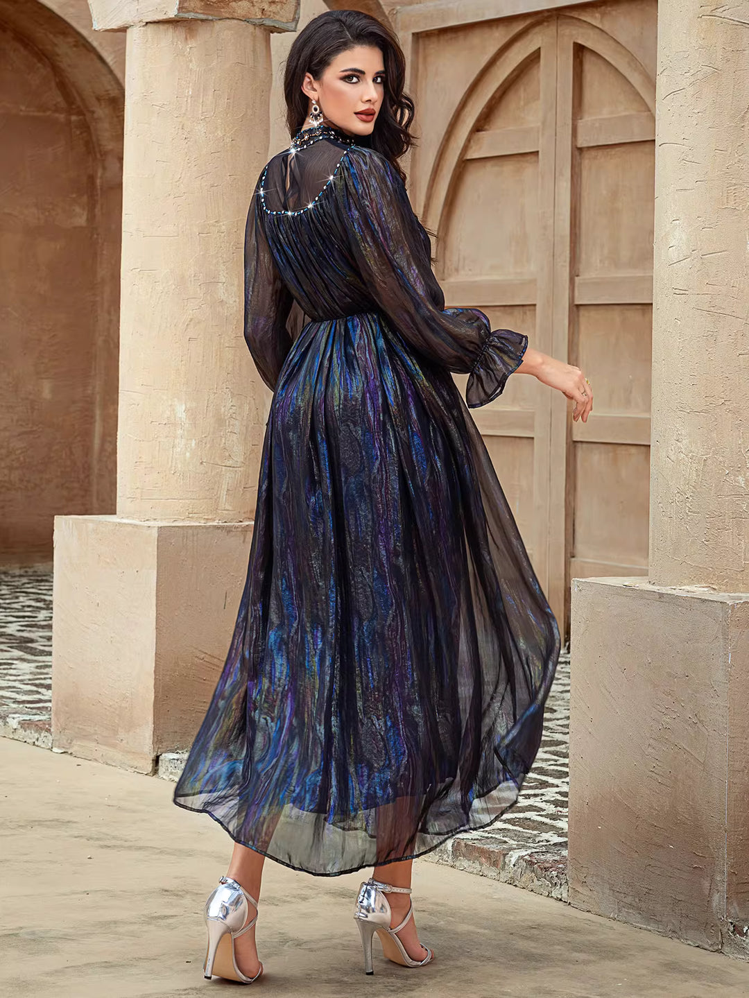 Shimmered Midi Dress with Beaded High Neck – NOCTURNA