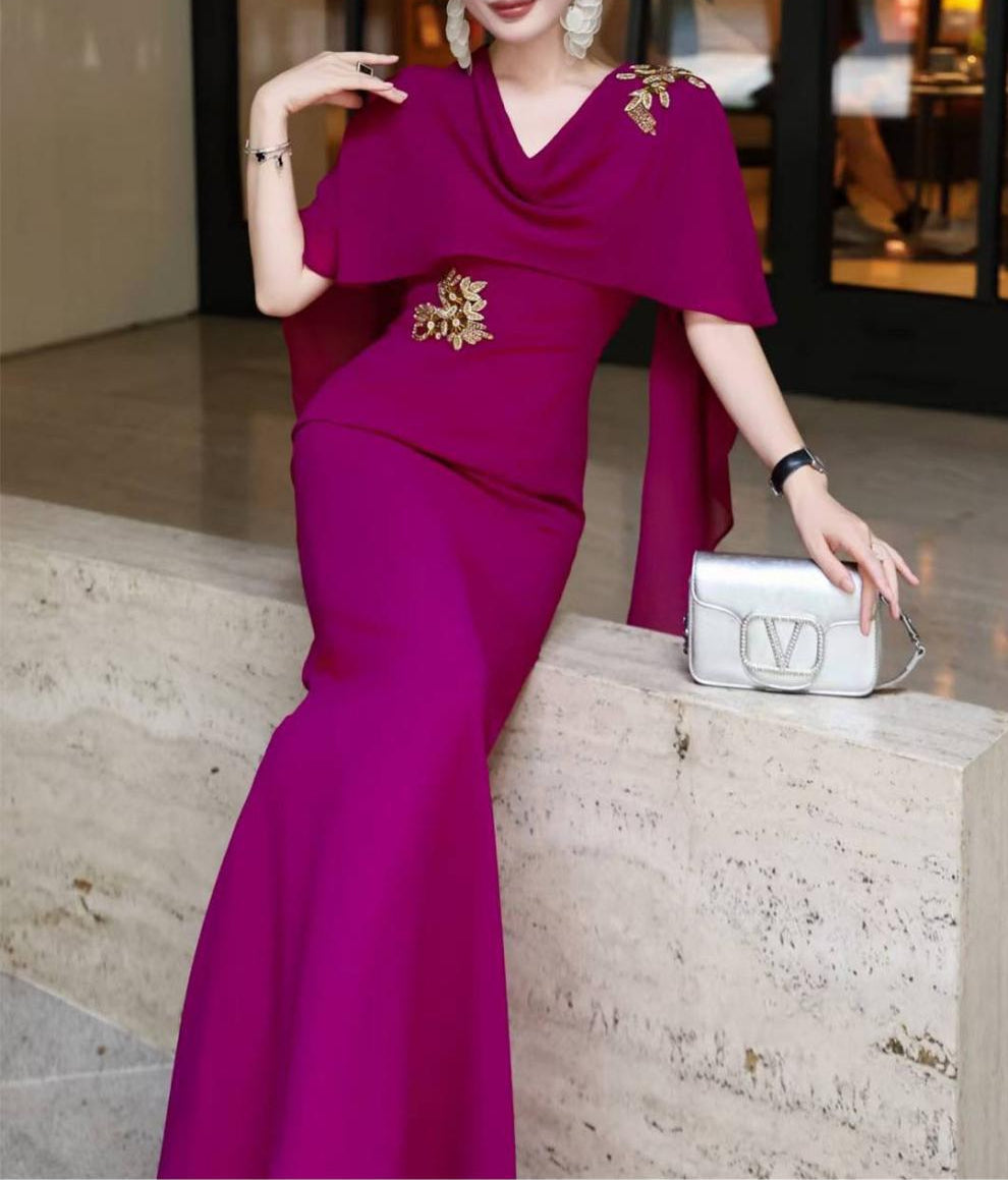 cape-draped mermaid dress with jeweled appliqué – VIOLA