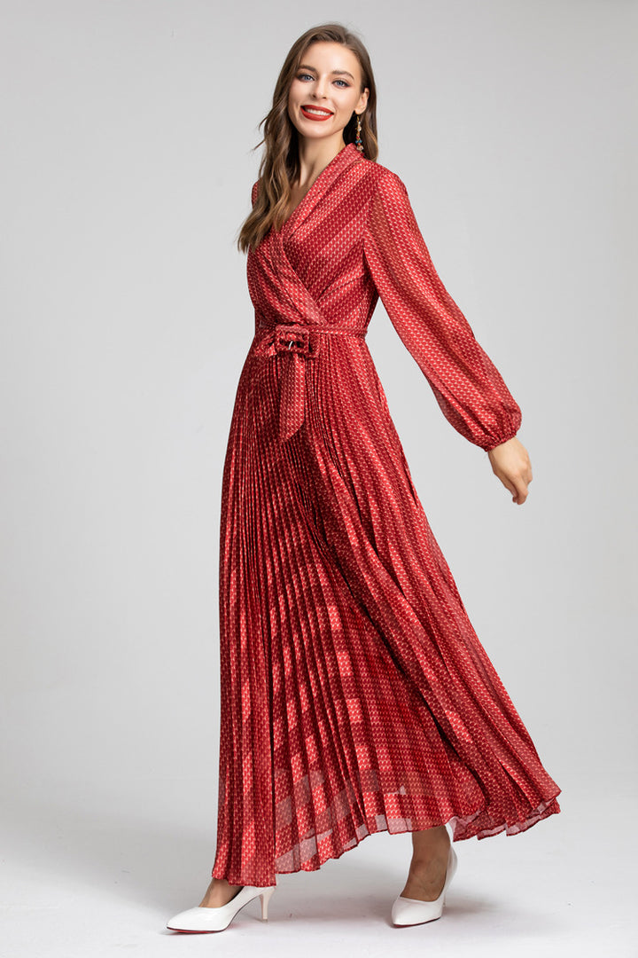 Red Metallic Pleated Wrap Dress – Ruby