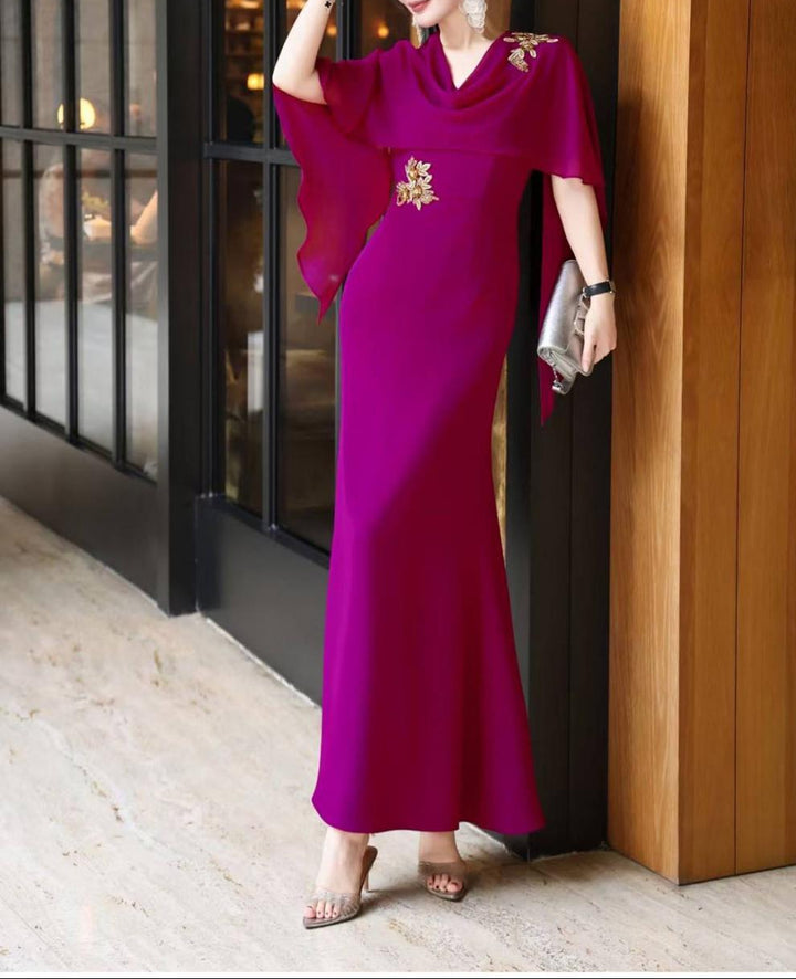 cape-draped mermaid dress with jeweled appliqué – VIOLA