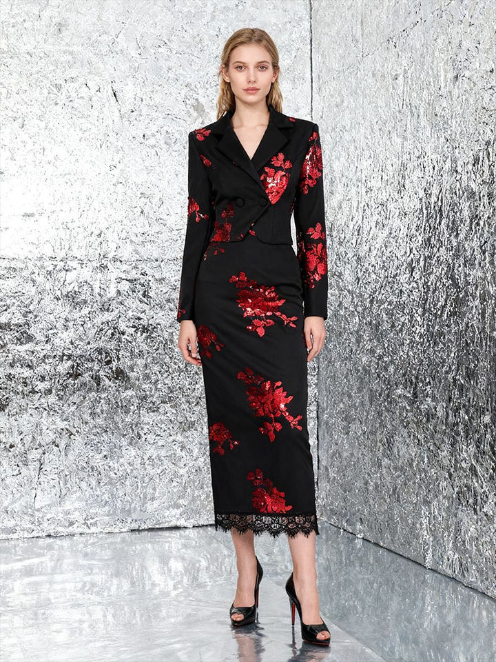 Plissiertes Oberteil mit ausgestellten Ärmeln und Maxirock-Set mit Taillengürtel – Rosiny 