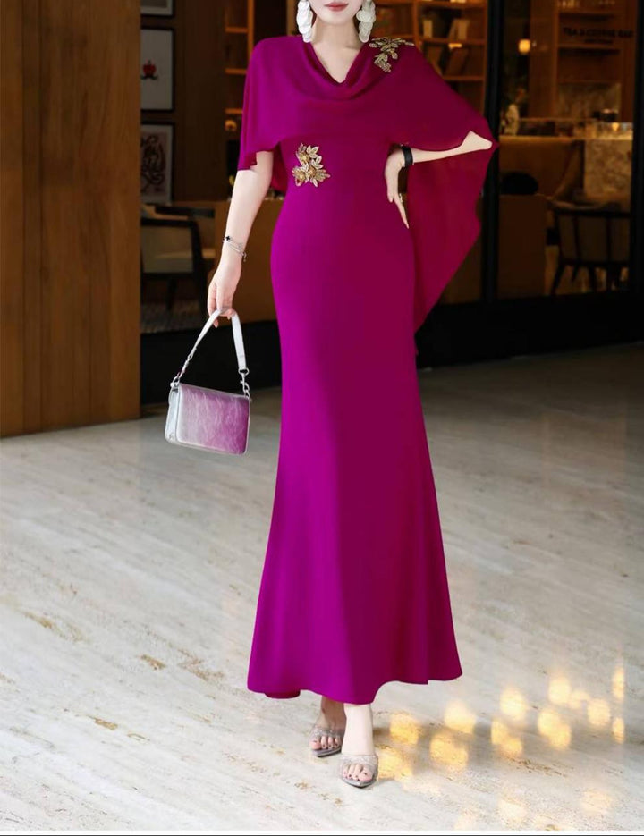 cape-draped mermaid dress with jeweled appliqué – VIOLA