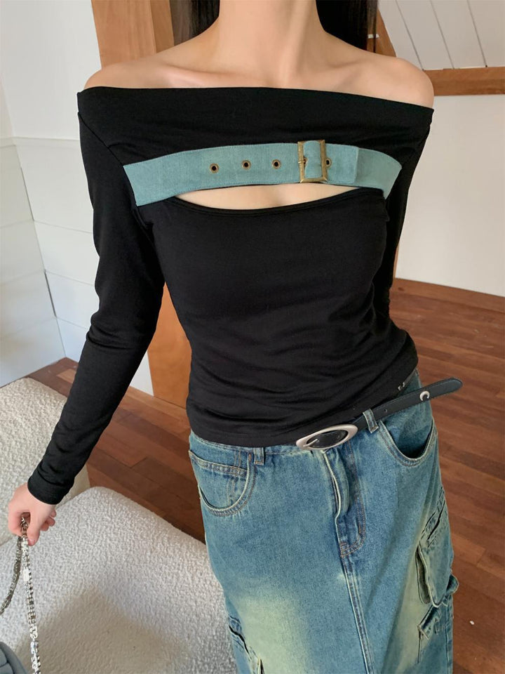 off-shoulder long sleeve top with buckle strap – SABER
