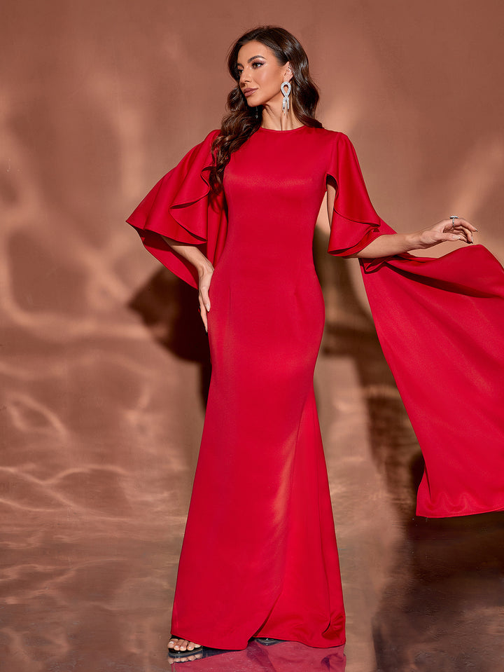 ruffled sleeve gown with flowing side cape – AURELIXA
