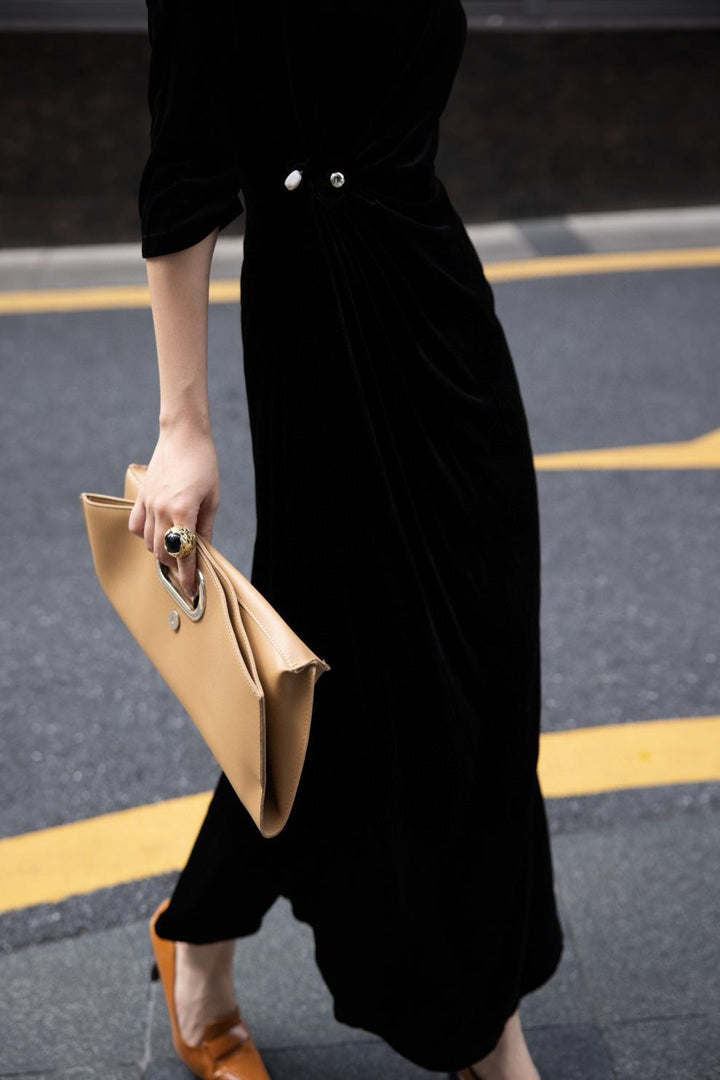 velvet draped column dress with side twist – MIDNIGHT