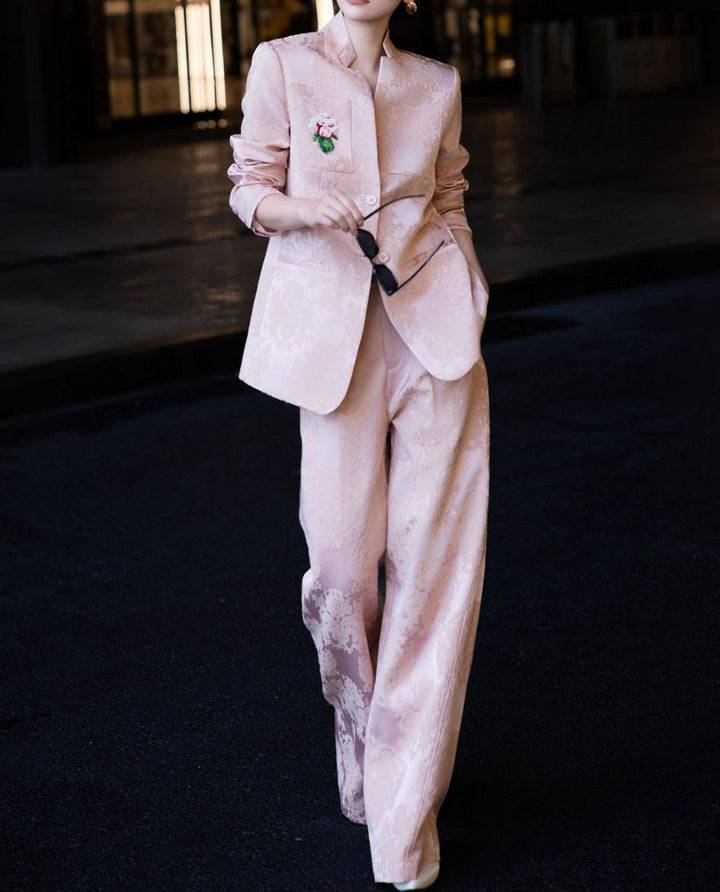 brocade tailored pantsuit with floral patch – VERDANA