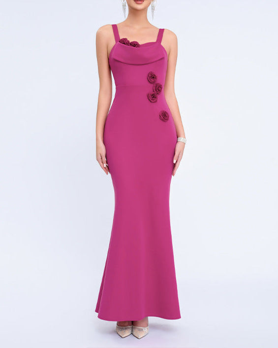 sleeveless column dress with draped neckline and floral accents – SERENABI
