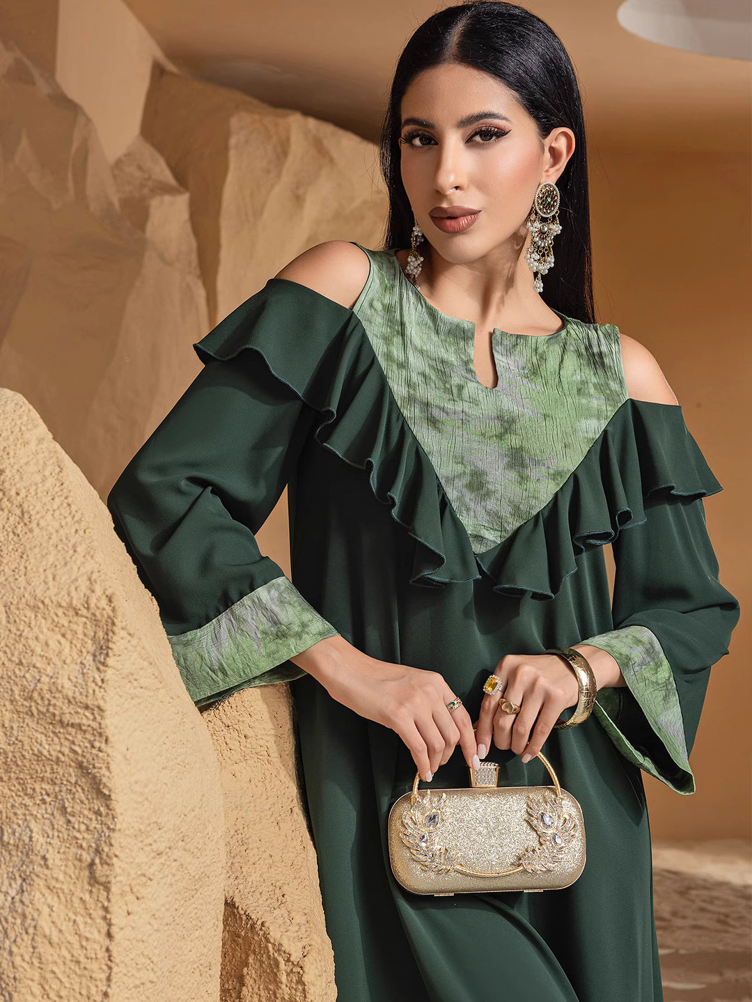 cold-shoulder maxi dress with ruffled neckline - AMAWLA