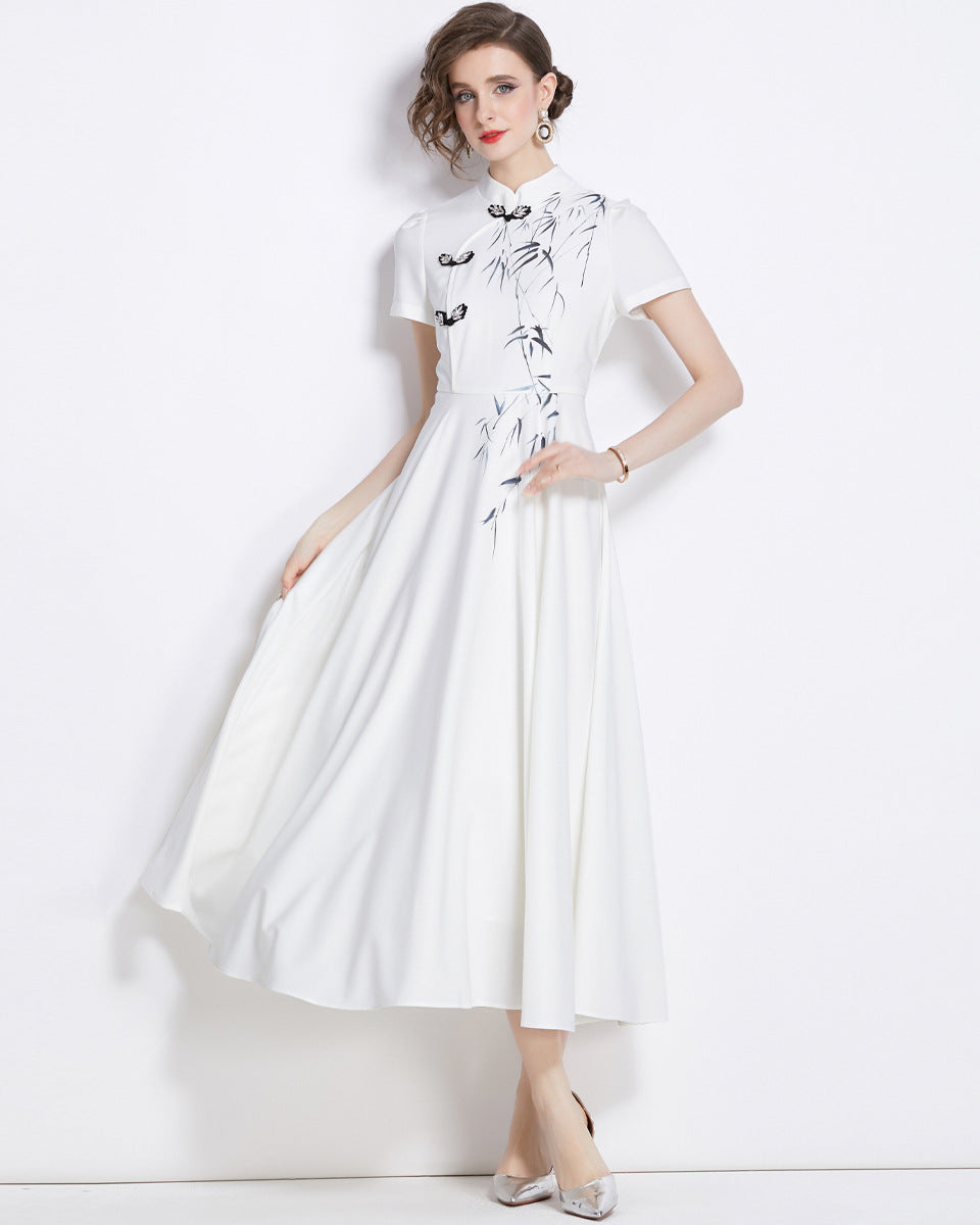 short-sleeve A-line dress with bamboo embroidery - LIAN
