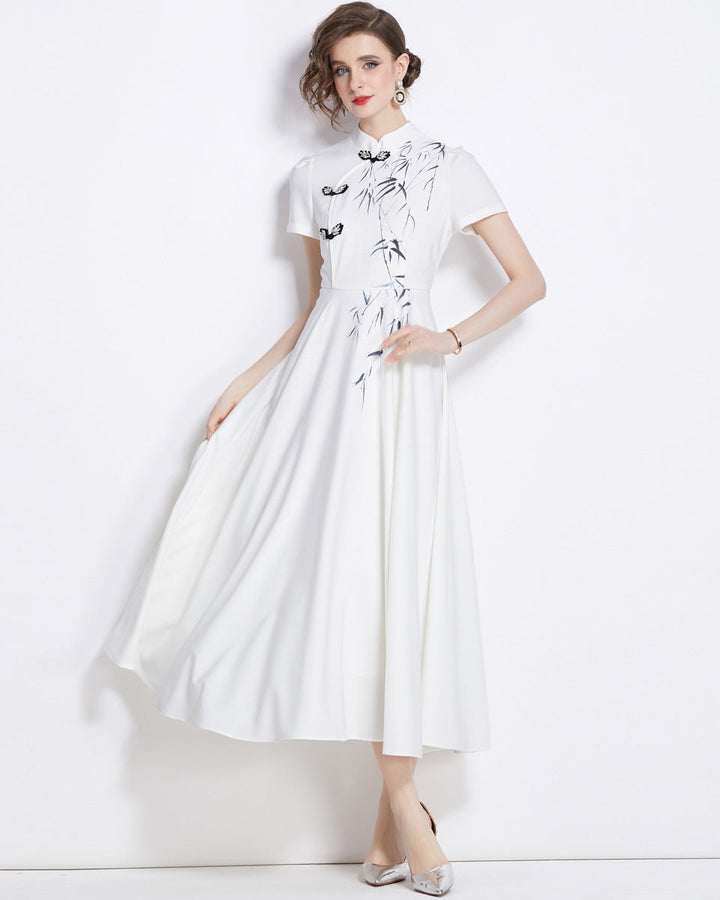 short-sleeve A-line dress with bamboo embroidery - LIAN
