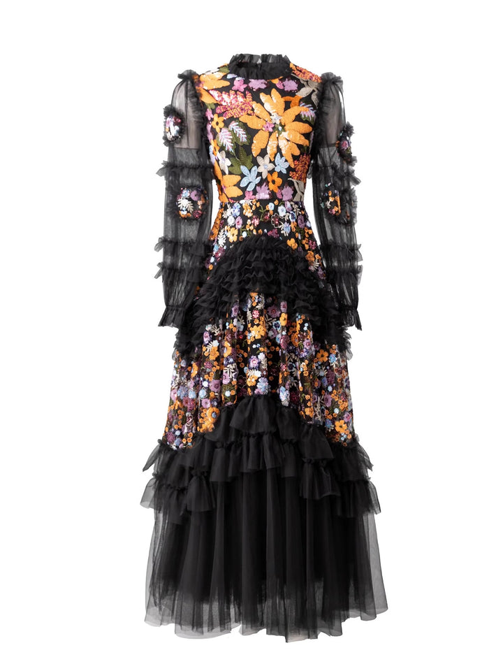 floral embroidered gown with tiered tulle skirt – LAVINIA