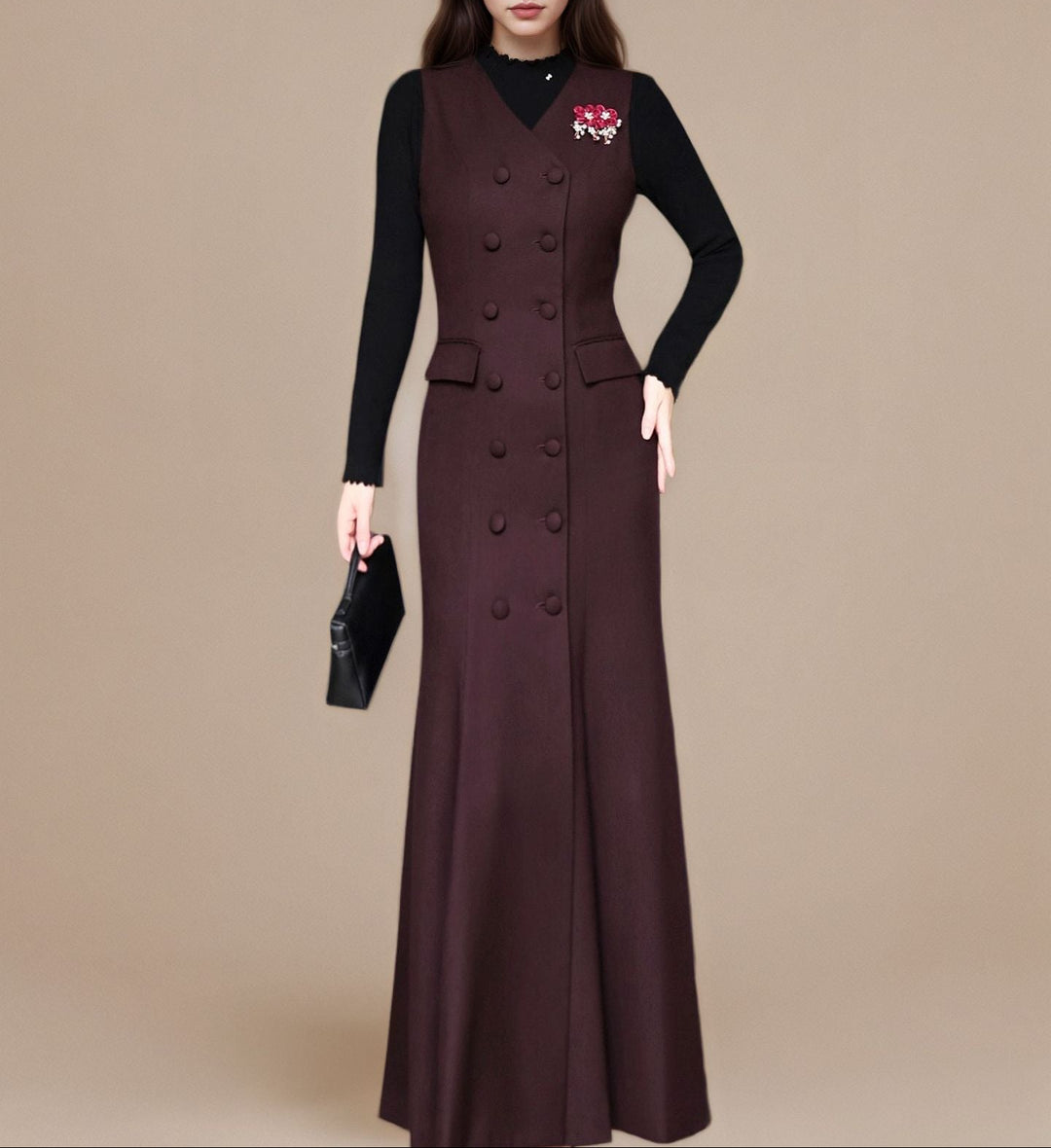 فستان بدون أكمام مزدوج الصدر مع بروش مزهر – نوار