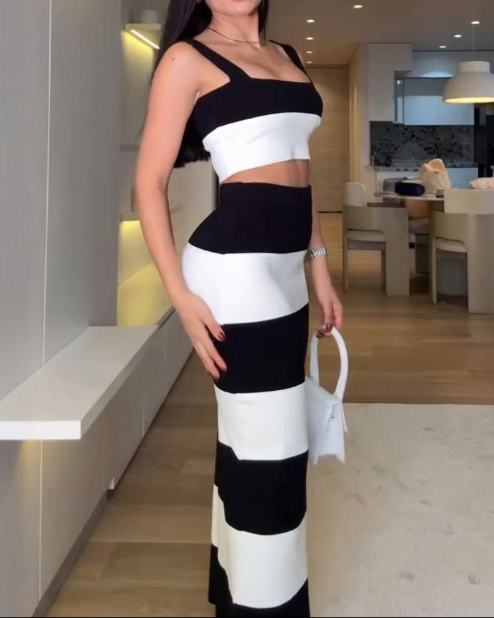 Haut à manches évasées plissées et ensemble jupe longue avec ceinture à la taille – Rosiny 