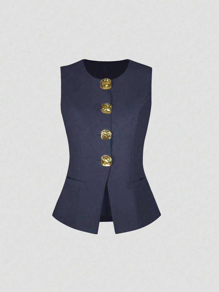 سترة أنيقة بدون أكمام مزينة بأزرار ذهبية منحوتة - فاليري