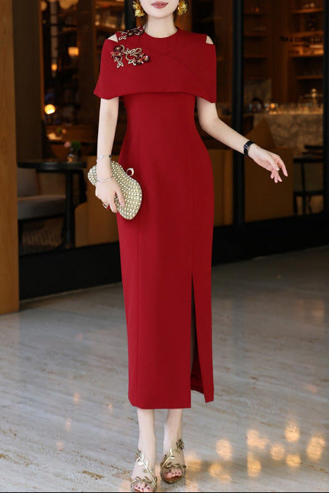 off-shoulder column dress with embellished cape – RUBY