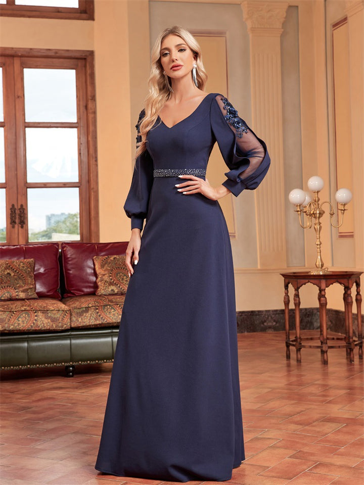 chiffon-sleeve evening gown with beaded waist – MIDNIGHT POISE
