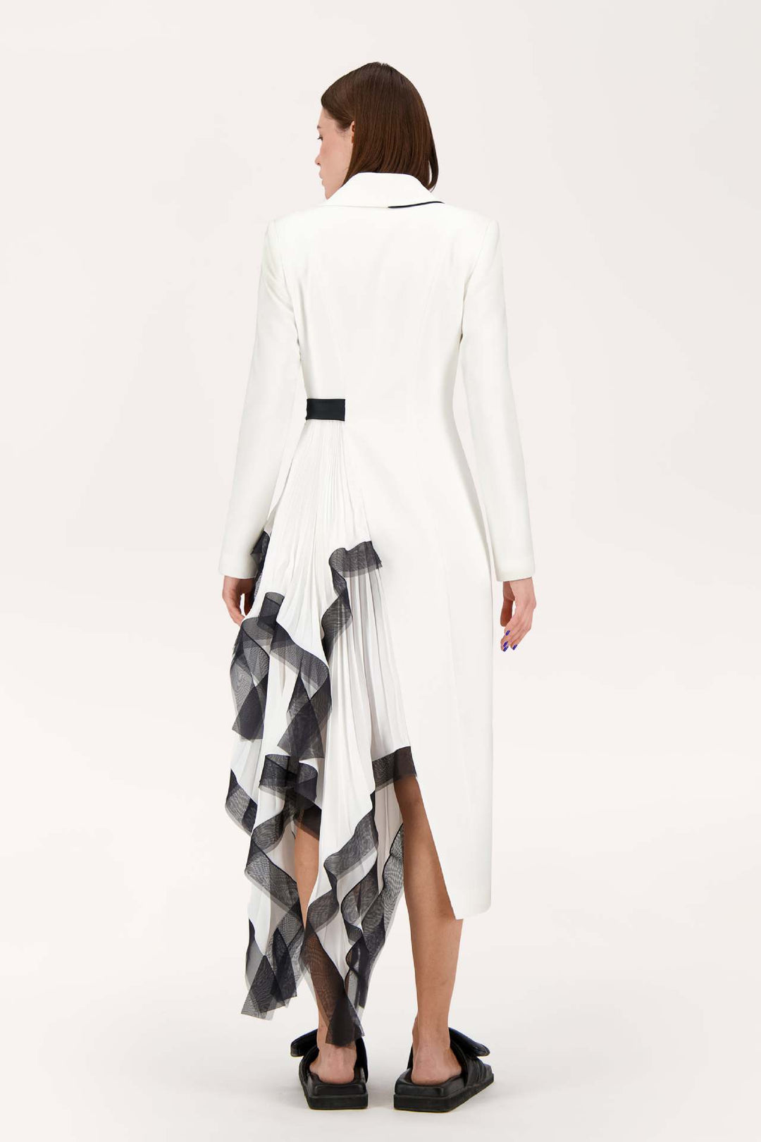 asymmetric wrap dress with pleated ruffle panel