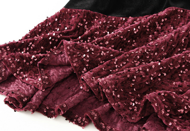 velvet midi skirt with asymmetric sequin ruffle – STELLAR