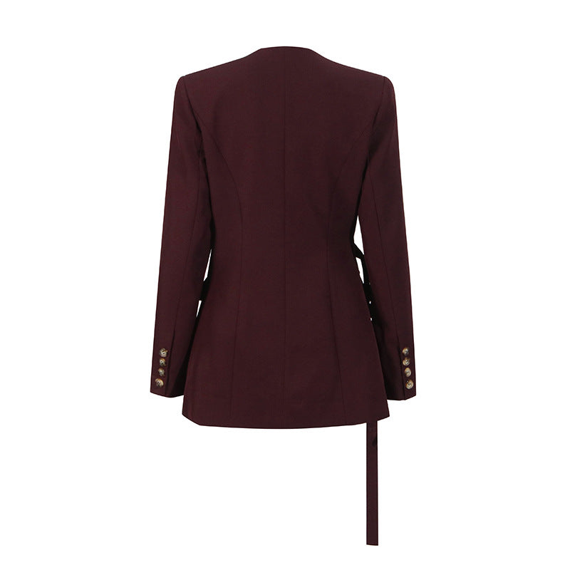 asymmetric wrap blazer dress with structured tailoring – MAROON