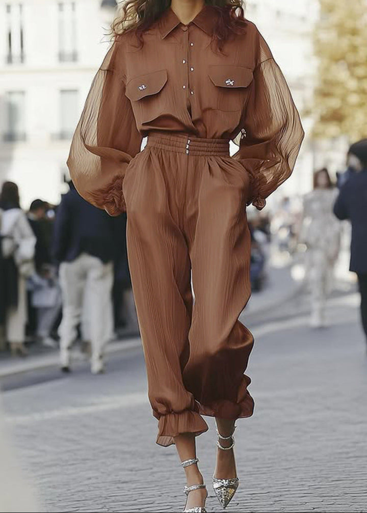 طقم بلوزة وبنطلون شفاف مطوي – سيينا