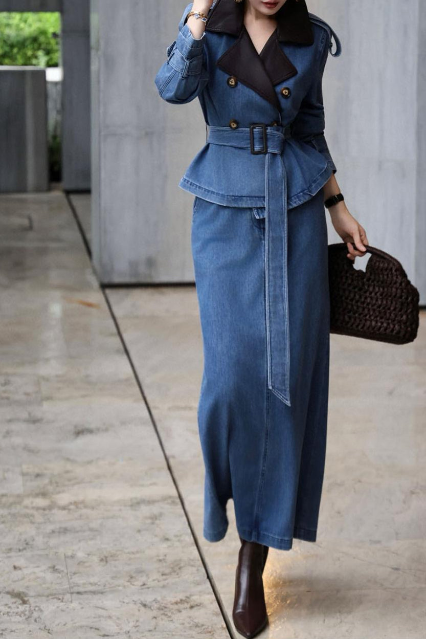 denim trench dress with contrast lapel & waist belt – RIVERA
