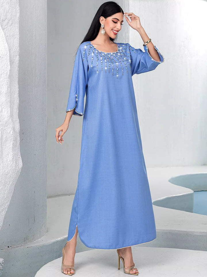 embellished straight-cut maxi dress with flared sleeves – AZURE