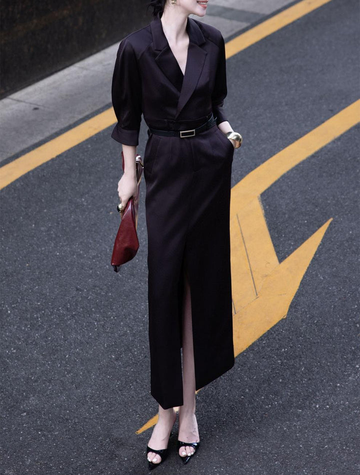 tailored wrap shirt-dress with front slit – VELINA