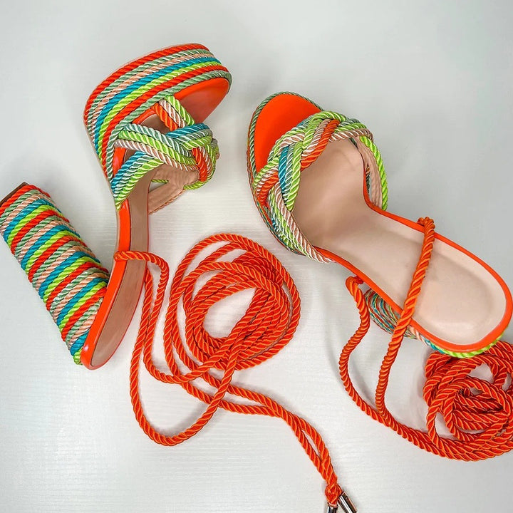 multicolor rope platform heels with ankle tie – RIVIERA