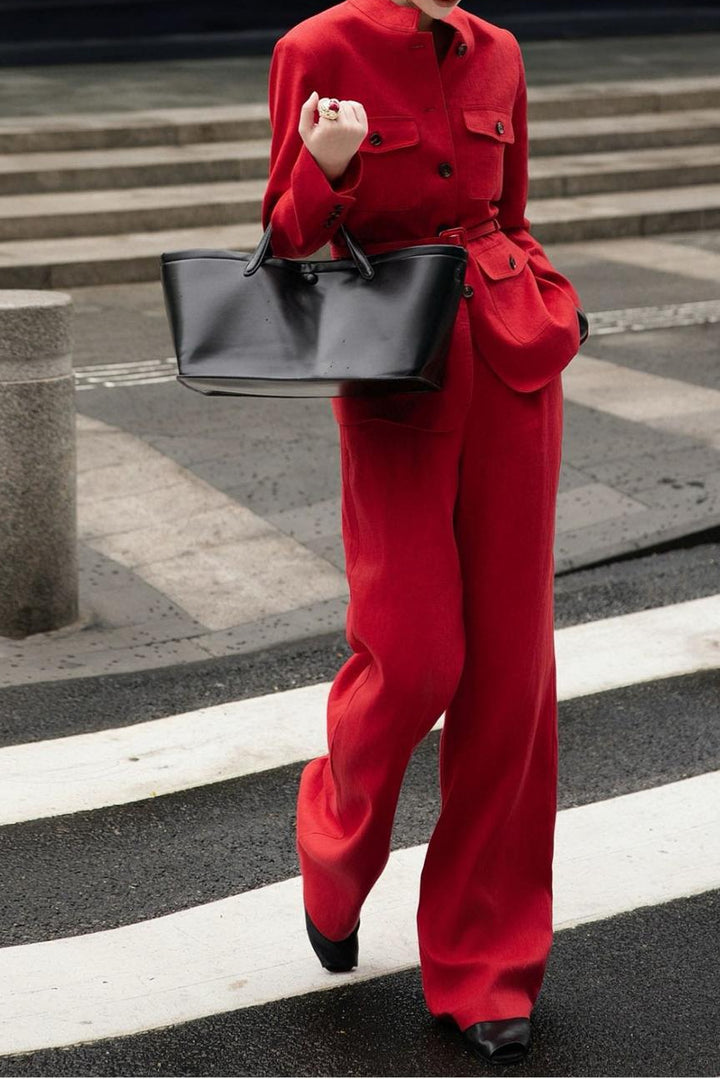 سترة بليزر بياقة ماندرين وحزام مع بنطلون واسع الساق - روزيتا