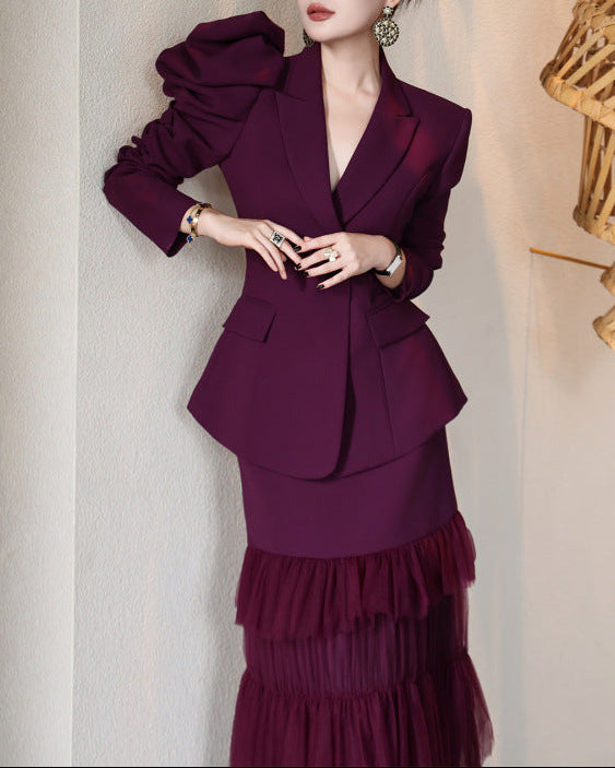 structured ruffle-sleeve blazer set with tiered tulle skirt – AMARANTH