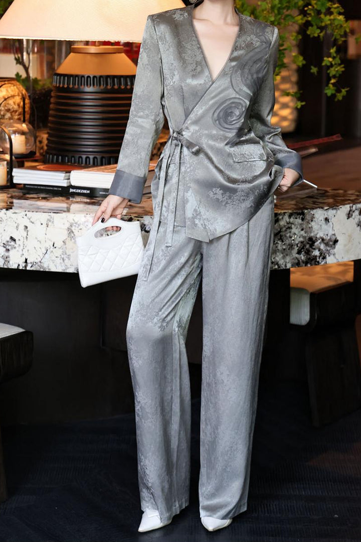 jacquard wrap blazer with wide-leg satin trousers – SERAPHINE