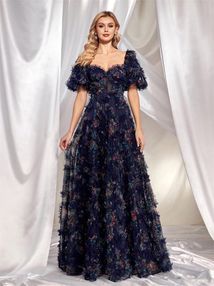 off-shoulder floral tulle gown with puff sleeves – NIGHT