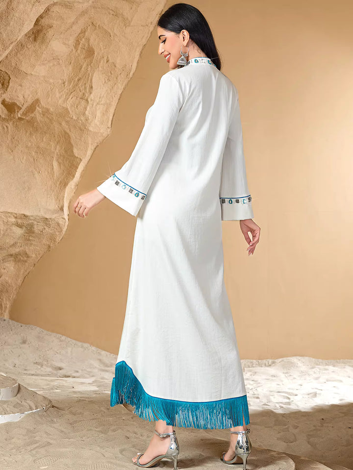 Embroidered White Maxi Dress with Fringe Hem – AZURA