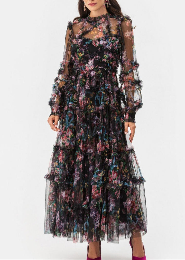 sheer floral tiered tulle gown – FIORELLA