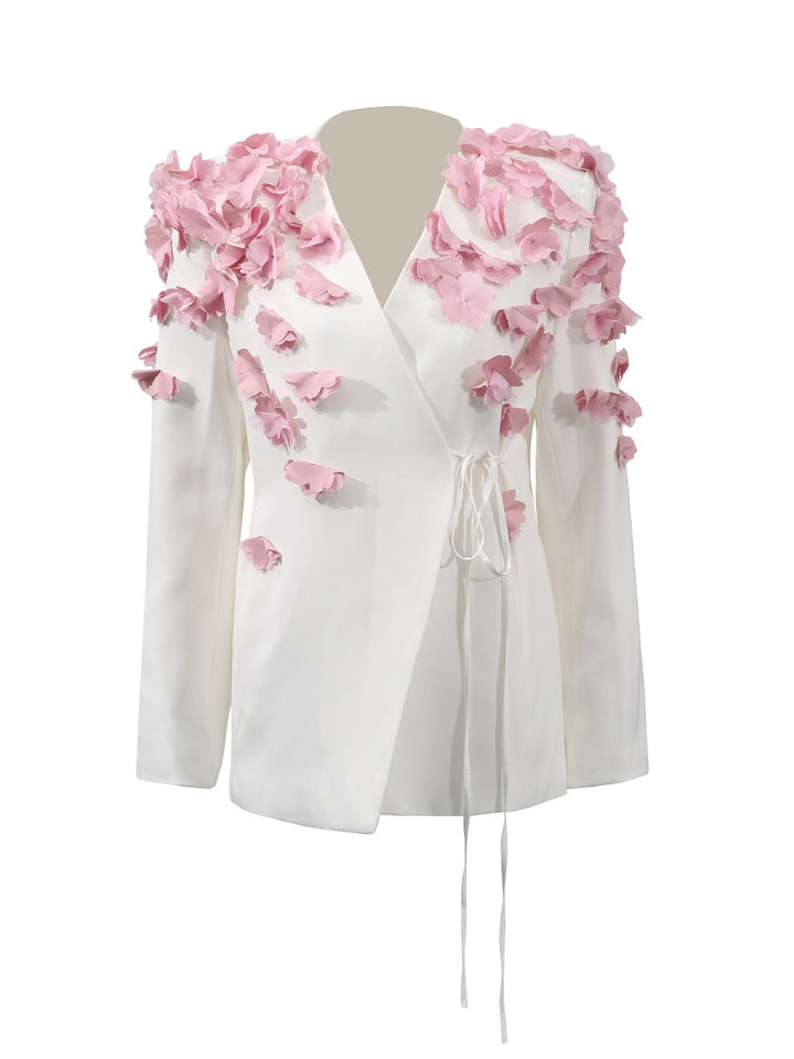 جاكيت بليزر ملفوف مع تطريزات زهور ثلاثية الأبعاد - بلوسوم