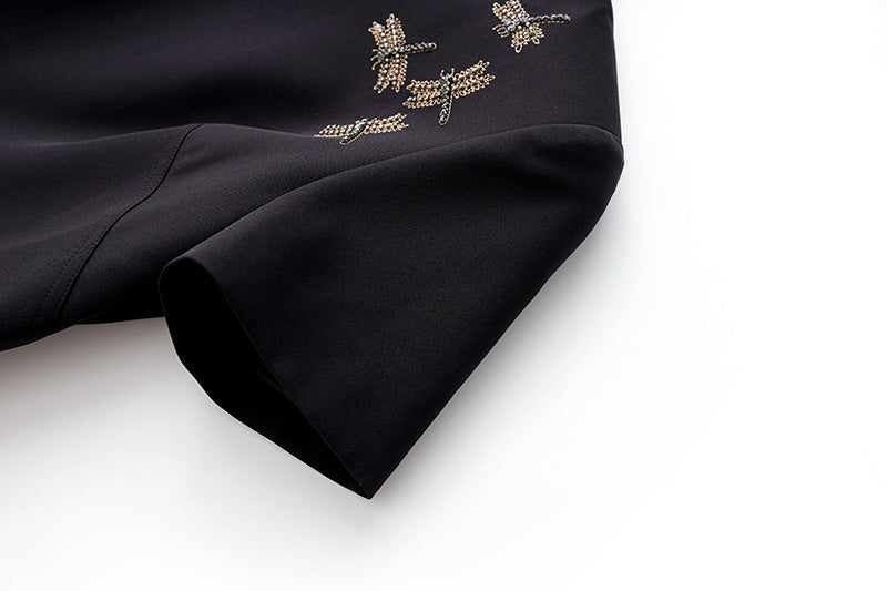 Short-sleeve midi dress with crystal dragonfly embellishments – STARLIT