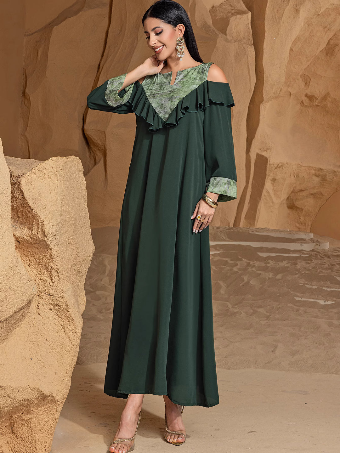 cold-shoulder maxi dress with ruffled neckline - AMAWLA