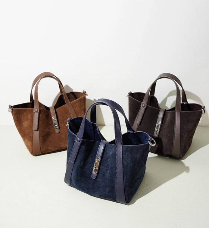 suede tote bag with leather trim and clasp – NOELLEVU