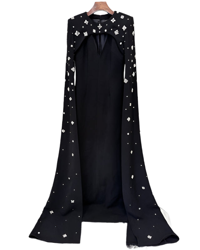 Column dress with open neckline and crystal embellished cape - Barbara