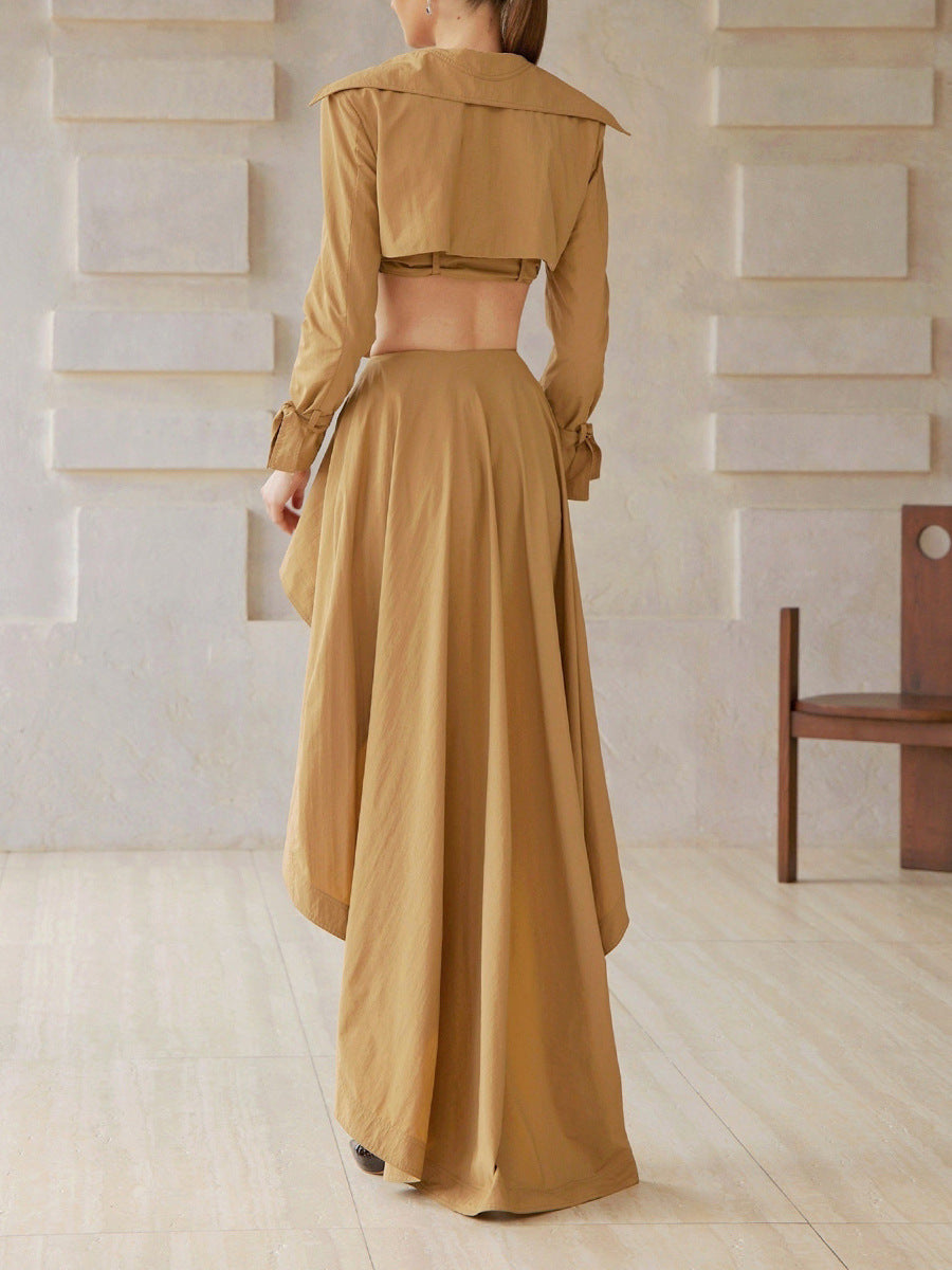 طقم جاكيت ترنش قصير مع تنورة غير متساوية الطول – صحارى